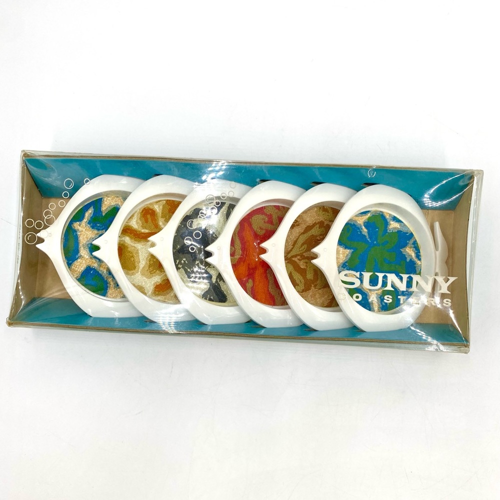 Vintage  1963 Pack of 6  #166 Plastic Fish Shaped Sunny Coasters.